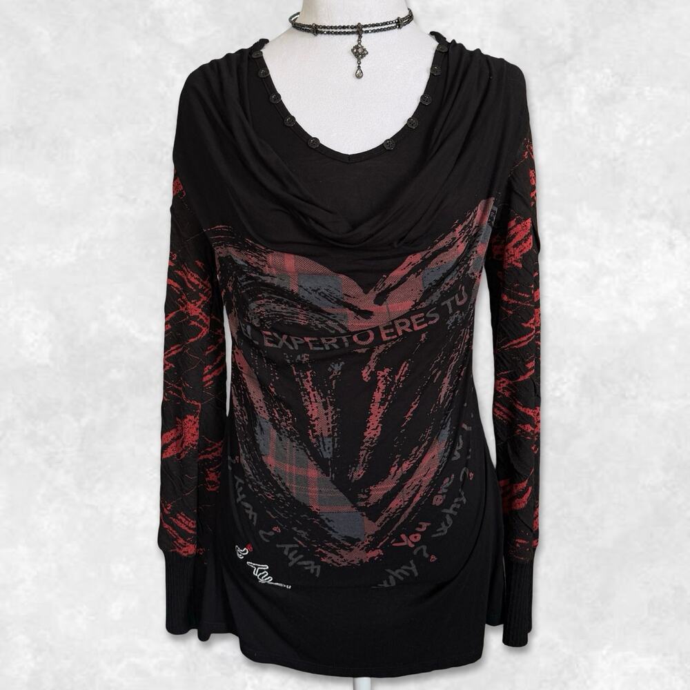 Y2K Subversive Desigual "El Experto Eres Tu" Heart Graphic Scoop Neck Top Size L